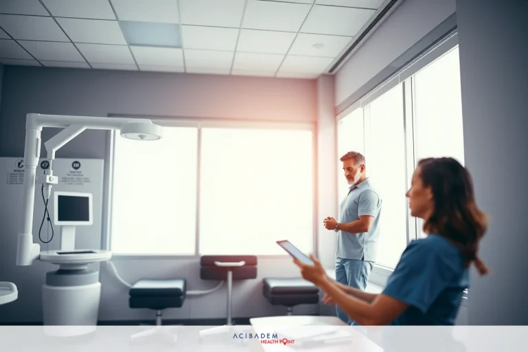 The image depicts a modern medical setting, likely an operating room or radiology department. There are two medical professionals, one male and one female, both dressed in scrubs and looking at what appears to be patient scans on a computer screen. The environment is sterile and well-lit with large windows allowing natural light into the space.