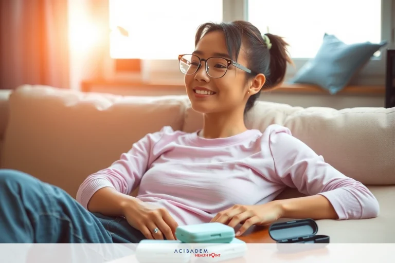 A woman is lying on a couch, wearing a glasses, smiling and relaxed. The room has sunlight coming through a window. Her casual attire suggests a comfortable, leisurely environment.