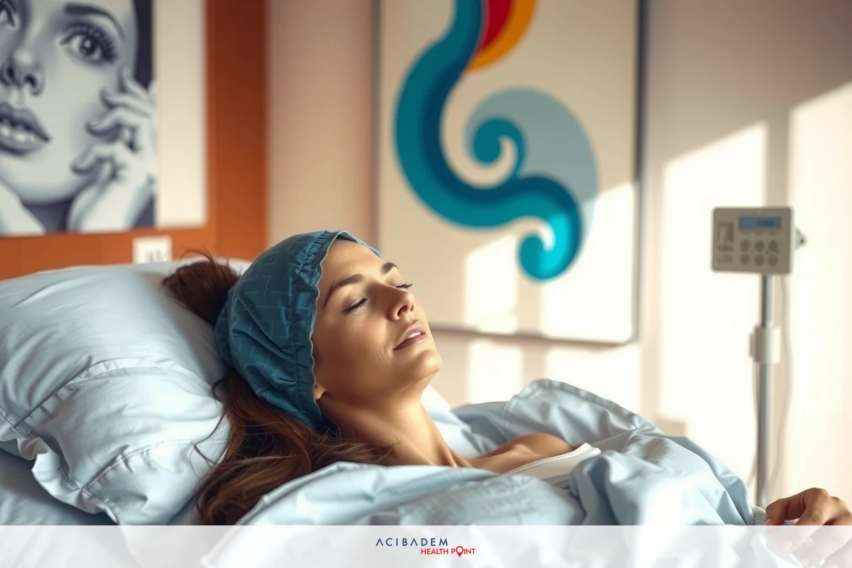 The image shows a woman lying in a hospital bed. She is wearing an oxygen mask over her nose and mouth, which suggests she might be receiving medical treatment or recovering from a procedure. The room has a window with blinds partially drawn, allowing natural light to filter into the space. On the wall above her head, there is a colorful abstract painting that adds a touch of artistic flair to the otherwise clinical setting.