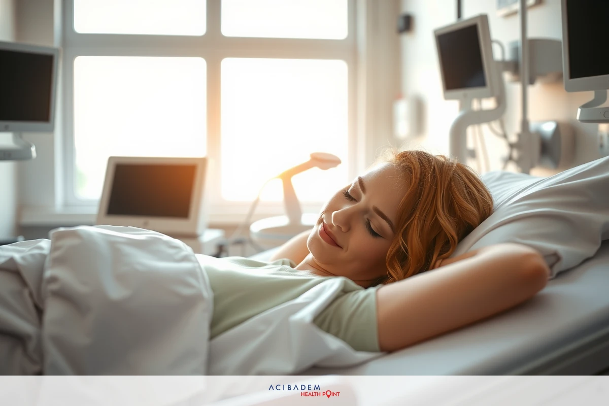 A woman resting in a hospital bed, smiling. The room is bright with natural light streaming in from the window. Medical monitors and equipment can be seen around her.