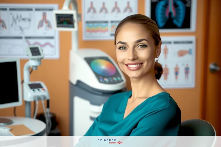 Can You Die from Rhinoplasty? A smiling woman sitting at a desk with medical equipment in the background, including a computer and a monitor.