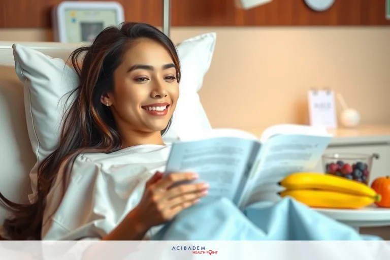 A smiling woman in a hospital bed, reading a book while resting comfortably. She has a tray with fruit and a glass of water next to her.