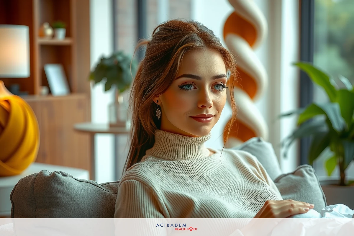The image features a woman sitting in a cozy room, wearing a beige knitted sweater. She is looking directly at the camera with a gentle smile on her face. The room has a warm and inviting ambiance, decorated with various plants and books that suggest a relaxed and comfortable environment.