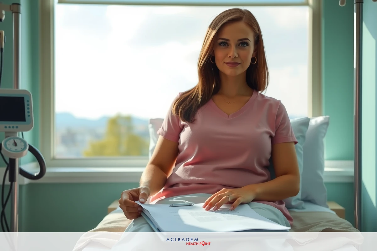 The image shows a woman seated on a hospital bed. She has a pink t-shirt on and appears to be in a medical setting, possibly a hospital room or clinic. The woman is looking at something off-camera with a focused expression. There are no visible texts or distinctive branding in the image.