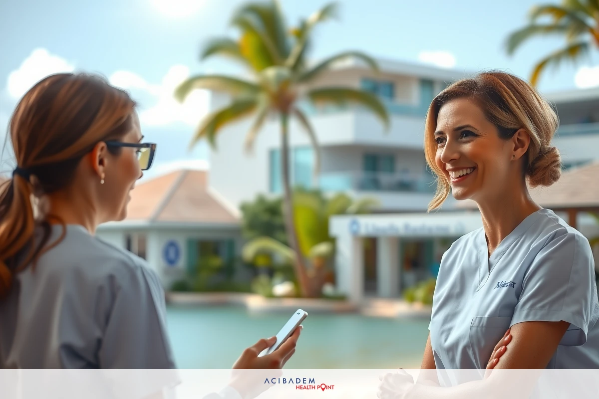 Two nurses wearing scrubs, engaged in a conversation at the beach with clear blue skies and palm trees.