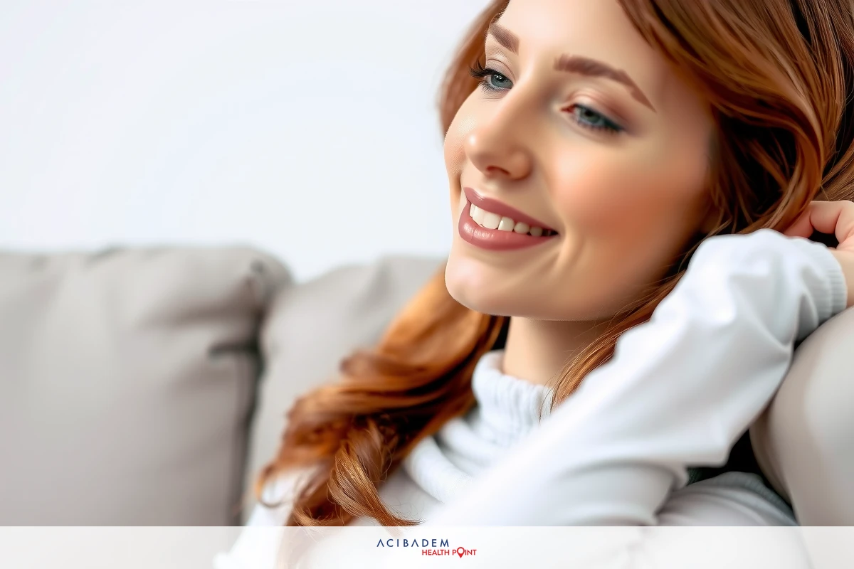 A smiling woman with red hair resting her head on a couch, wearing white top and laughing. She is in a cozy home setting.