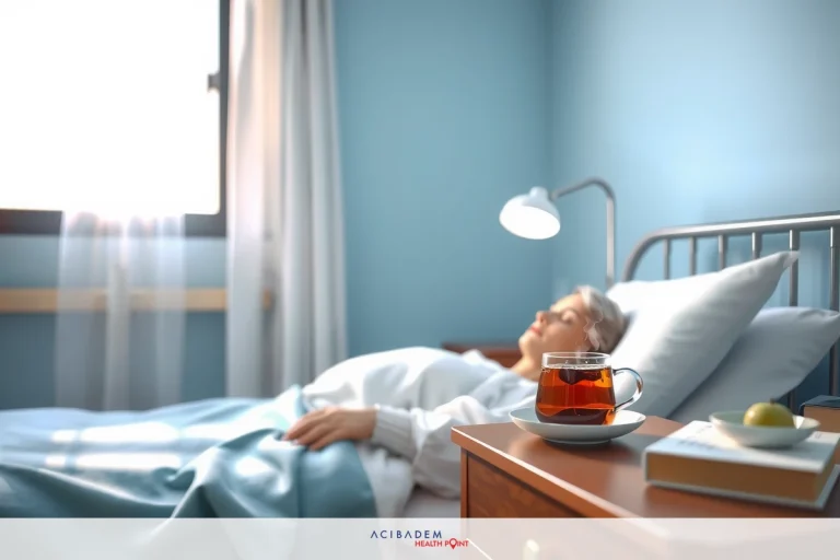 The image depicts an elderly person lying in a hospital bed with blue sheets. There is a nightstand beside the bed, holding a book and a teacup. The room has a light blue color scheme, and there's a window with curtains partially drawn, suggesting it might be daytime.