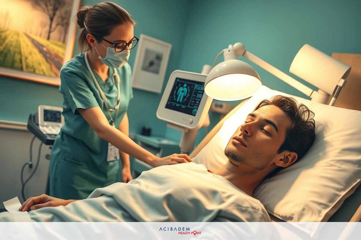 The image shows a hospital setting with medical personnel. There is a person lying on a hospital bed, appearing to be unconscious or in rest. A female healthcare worker, presumably a nurse due to her uniform and the context of the environment, is standing beside the patient, wearing protective gear including gloves and mask. The room has medical equipment visible such as monitors and an IV drip, suggesting it is designed for patient care in a clinical setting. The colors are sterile whites and greens commonly associated with hospital environments.