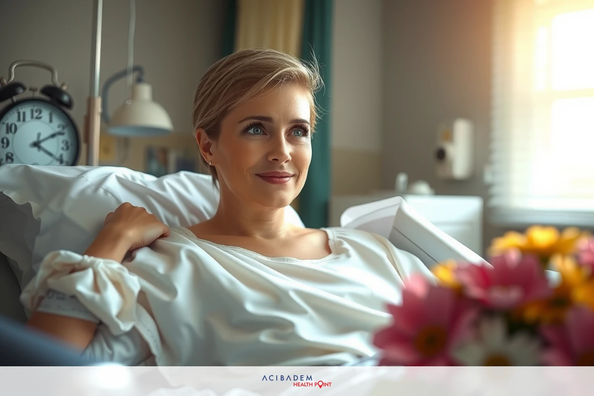 This is a high-resolution image featuring an adult woman in a hospital bed. She appears to be resting or recovering, with a positive expression on her face. The room has soft lighting and includes medical equipment.