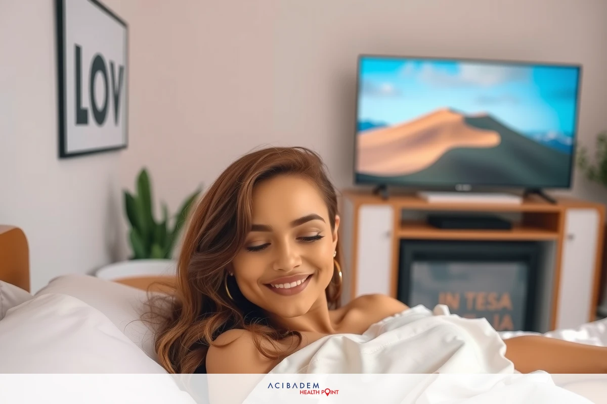A woman lying in bed, smiling. She is barefoot and has a television on beside her.
