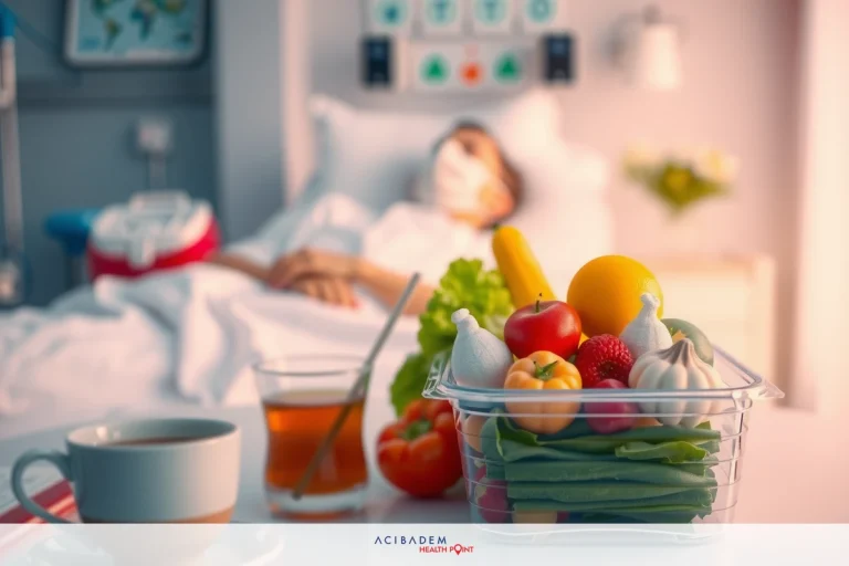 The image shows a hospital room setting with a patient lying in bed. On the table nearby, there is a tray of food and a mug that could contain coffee or tea.