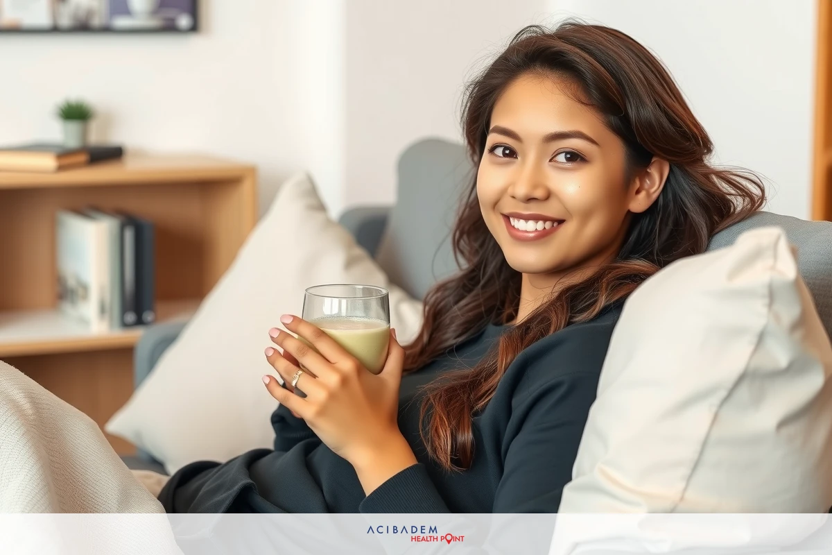 A young woman sitting on a couch with a beverage in her hand, enjoying a cozy moment at home.