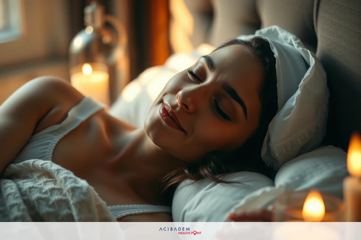 A woman is peacefully sleeping with a content smile on her face, lying in bed. She's covered by soft blankets.