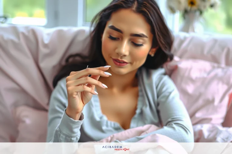 How Long Does Rhinoplasty Take to Completely Heal The image shows a woman sitting on a bed in a cozy environment. She is wearing comfortable loungewear and is casually leaning back against pillows. Her expression seems relaxed and content, with her eyes partially closed and a soft smile on her lips. The overall tone of the image suggests a sense of calmness and comfort, possibly during a leisurely moment or in a personal space.