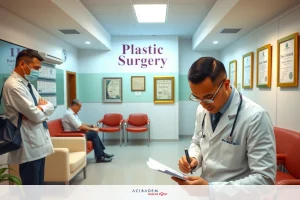 The image portrays a professional setting, specifically an office of a Plastic Surgery clinic. There are two doctors in the room; one is seated at a desk with medical records and is looking down at them, while the other stands nearby and appears to be observing or waiting for instructions. The room has standard medical office furniture including chairs, couches, and framed certificates on the wall indicating accreditation or awards.