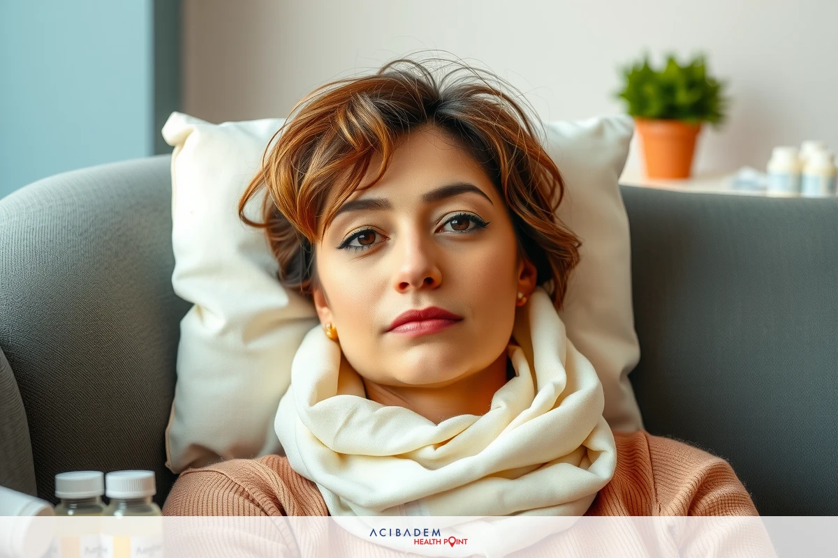 Woman with dark hair and light eyes, lying down in an indoor setting. She is wearing a beige cardigan and has her head resting on a pillow. The environment appears to be a relaxed, comfortable room.