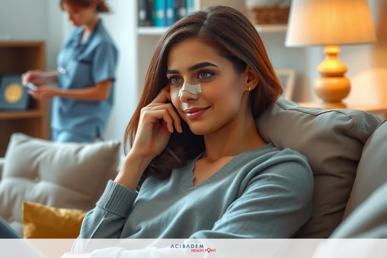How Long Should You Tape Nose After Rhinoplasty? A young woman in a grey sweater sitting on a sofa. The room has a calm and cozy atmosphere with warm lighting from lamps.