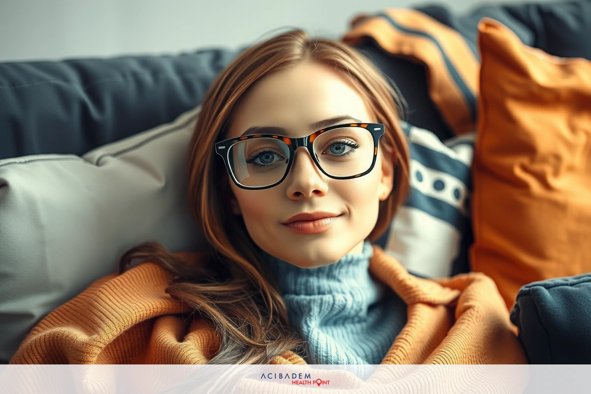 The image depicts a woman with glasses resting on a couch. She is wearing a warm-colored sweater and appears to be smiling or contemplating something. Her head is comfortably positioned on a pillow, suggesting a relaxed environment.