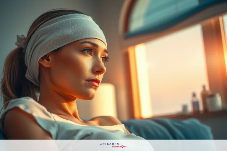 How Long Will I Have Black Eyes After Rhinoplasty? The image features a woman sitting in front of a window with sunlight streaming through. She is wearing a white bandage or head wrap. Her gaze appears thoughtful and introspective as she looks out the window into the distance.
