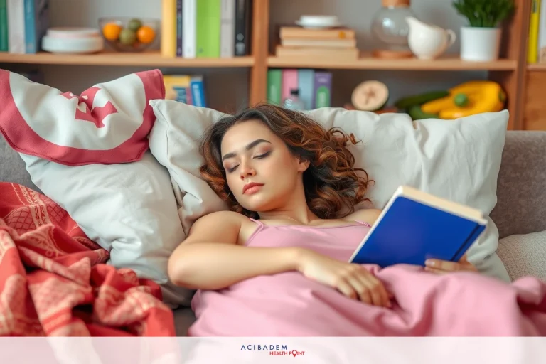 A young woman peacefully asleep on a couch, holding a book in her hands. The setting appears to be a cozy, comfortable living room with soft lighting.