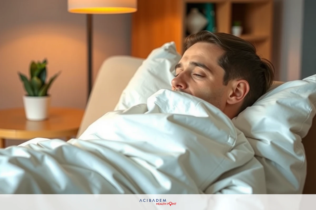 A young man sleeping in a bed under white sheets. He is lying down with eyes closed, indicating relaxation or rest.