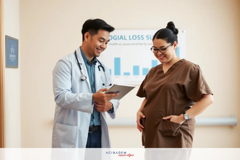 Medical professionals in a clinic. Male doctor wearing white coat with stethoscope, female nurse dressed in brown scrubs, also smiling.