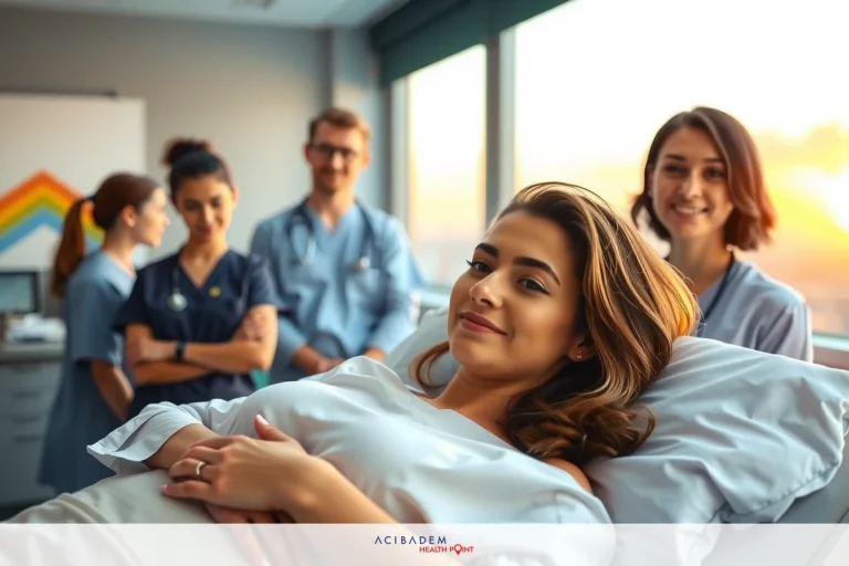 Back Liposuction Turkey In the image, a woman is lying on her back in a hospital bed. She has her hands clasped together and appears to be speaking or smiling towards someone standing by the bedside, suggesting interaction between them. A team of medical professionals surrounds the bed, including nurses and doctors, who seem to be engaged in various tasks related to patient care. The environment is a typical hospital setting with modern equipment and professional attire.
