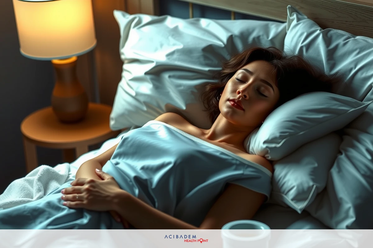 The image features a woman lying in bed with her eyes closed, seemingly asleep. She is wearing blue pajamas and appears to be resting comfortably on a pillow-filled bed. The setting suggests a serene and quiet environment, possibly in the privacy of one's own home. The color palette consists mostly of soft blues and whites, contributing to a calm atmosphere.