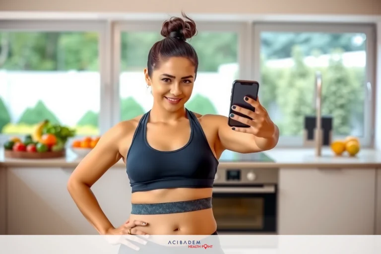 The image shows a woman posing in an indoor setting, likely a kitchen. She is wearing activewear and seems to be taking a selfie in a mirror with her smartphone. The environment suggests a homey, casual atmosphere.