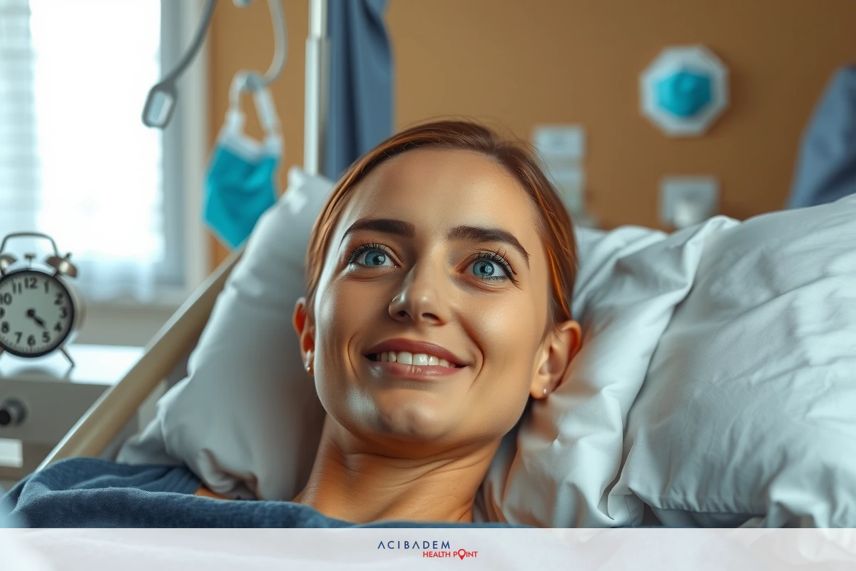 The image features a woman lying in a hospital bed. She appears to be smiling. The room is clinical with medical equipment visible, suggesting she may have recently undergone surgery or treatment.