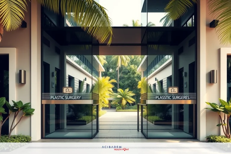 Plastic Surgery in Istanbul, Turkey The image shows a modern building with an entrance featuring glass doors. The building has a sleek design and is partially covered by palm trees, suggesting a tropical or warm climate location.