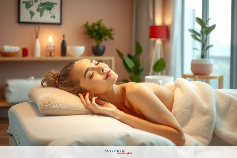 The image shows a woman lying down, possibly in a spa setting, with her eyes closed and an expression of relaxation on her face. She appears to be sleeping or enjoying a massage. The room has soft lighting, with potted plants adding a touch of greenery, and there are items like, candles, and a bowl that suggest a tranquil environment.