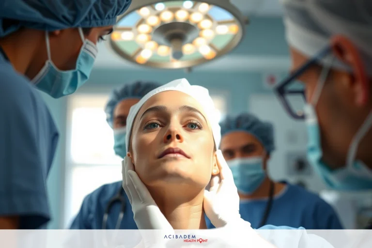 Medical professionals working together in an operating room. The woman is lying down on a surgical bed, and the surgeons are dressed in sterile attire.