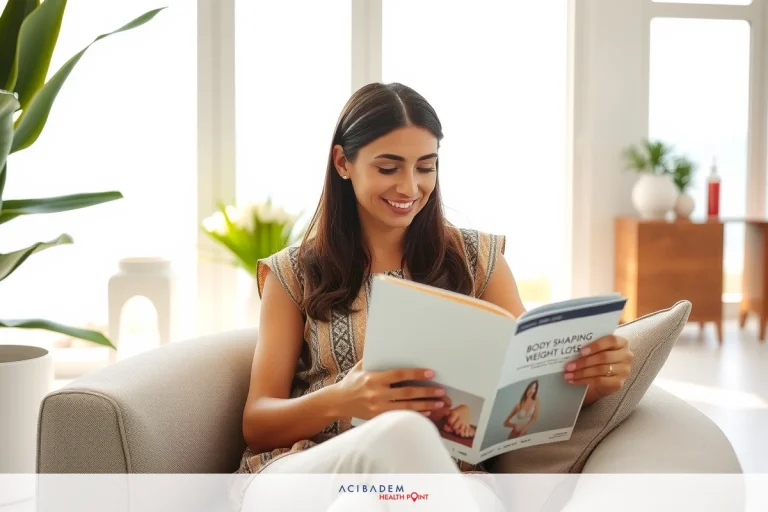 Woman sitting on a couch in sunlit room, reading a magazine with a smile on her face. She has long dark hair and is wearing a beige top. The environment appears to be indoors and well-lit, suggesting a comfortable and pleasant setting.