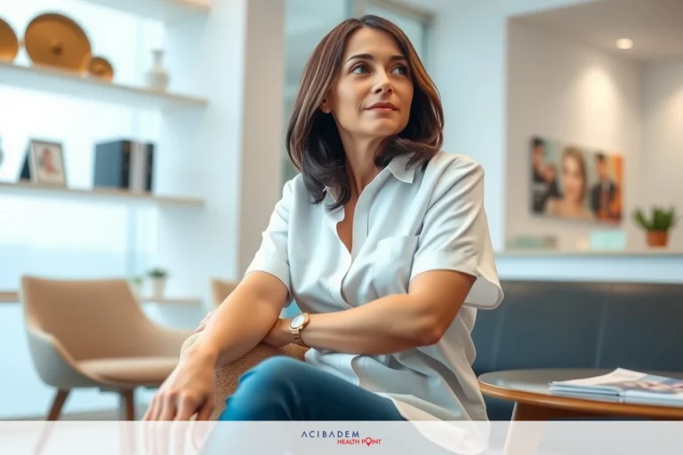 This is a photograph of a woman seated in an office environment. She appears to be deep in thought or waiting for something. The woman has medium-length hair and is wearing a white shirt with darker blue jeans. The office setting includes modern furniture such as a sofa, a chair, and a desk with various items including books and decorative pieces.