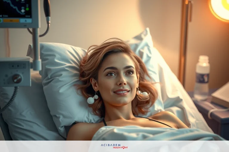 A woman is in a hospital bed, smiling at the camera. She is wearing an earring and lying down with her head resting on a pillow. There are medical devices around her, indicating she might be receiving treatment or monitoring.