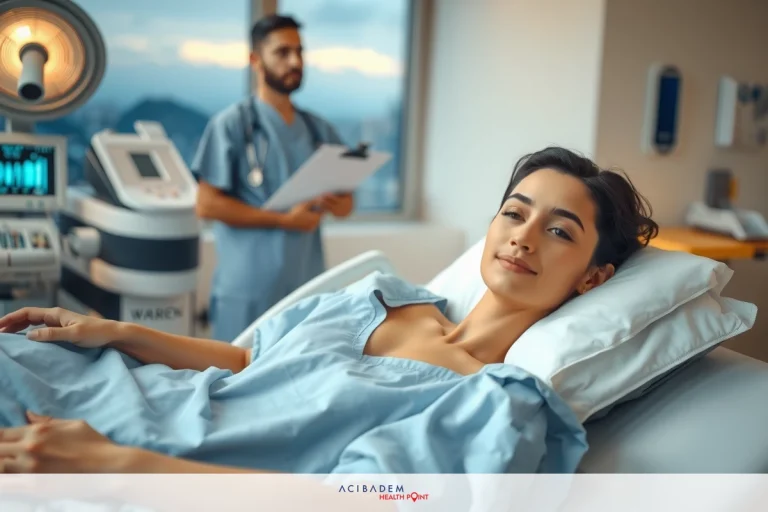 Medical setting with a woman on a hospital bed, receiving attention from a doctor. The scene suggests a healthcare consultation or treatment in progress.