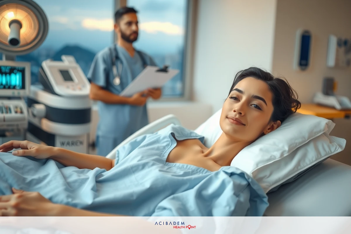 Medical setting with a woman on a hospital bed, receiving attention from a doctor. The scene suggests a healthcare consultation or treatment in progress.