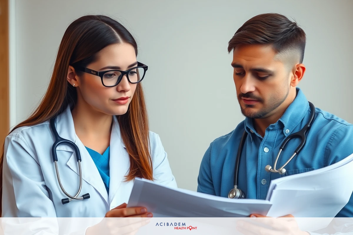 The image shows a male and female healthcare professional examining documents together. The woman is wearing glasses, a lab coat, and blue scrubs with stethoscope around her neck, indicating she is likely a doctor or nurse.
