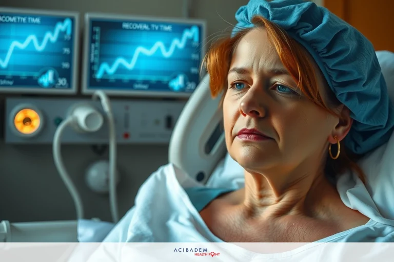 The image shows a woman in a hospital setting lying on an examination table. She appears to be wearing a surgical gown and is looking away from the viewer with a serious expression. The environment suggests a clinical or medical context, possibly a waiting area or ward within a hospital.