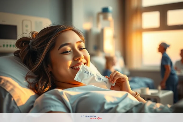 The image features a young woman lying on a hospital bed, smiling broadly and showing her teeth. She appears to be receiving treatment or care from healthcare professionals who are not fully visible in the frame. The room has modern hospital furniture with white walls and is well-lit, creating a calm and reassuring atmosphere.