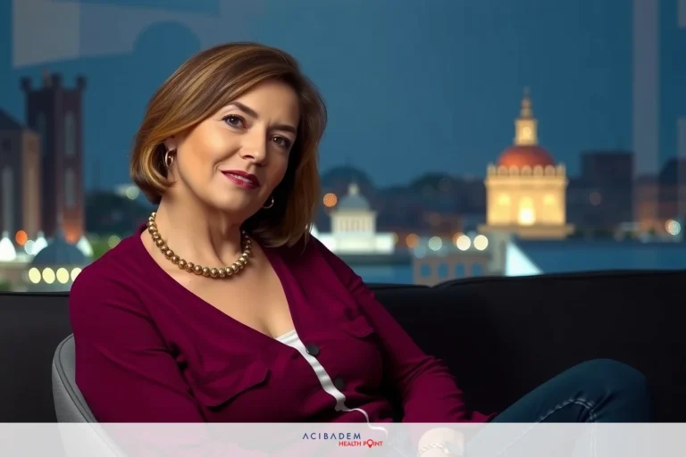 The image features a woman sitting in what appears to be an interview or discussion setting. She is wearing a maroon shirt and has her legs crossed. The woman has short hair, and she's smiling at the camera. There are blurred city lights in the background, suggesting an urban environment possibly at night.