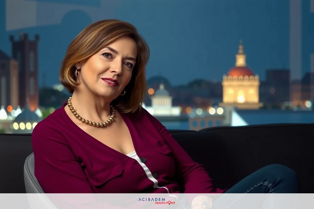 The image features a woman sitting in what appears to be an interview or discussion setting. She is wearing a maroon shirt and has her legs crossed. The woman has short hair, and she's smiling at the camera. There are blurred city lights in the background, suggesting an urban environment possibly at night.