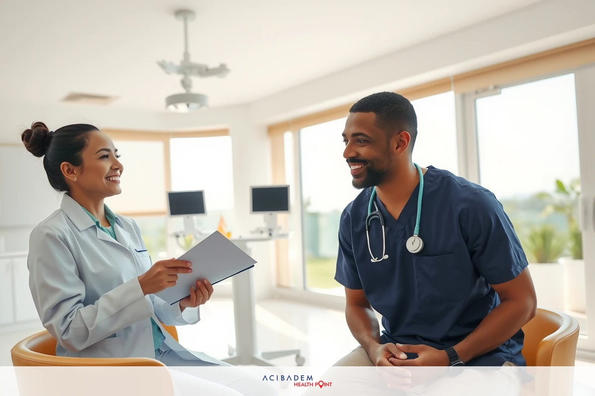 A medical professional, likely a doctor or nurse, is seen in an office setting engaged in conversation. They are both smiling and appear to be discussing something with concern, perhaps related to the patient's condition.