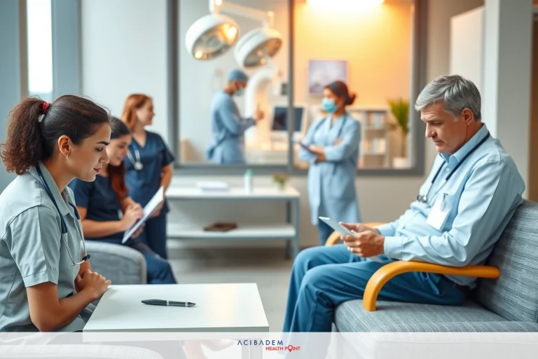 The image shows a medical setting with various healthcare professionals and patients. The main focus is on two individuals; one appears to be a doctor receiving instructions or providing information to a patient, who could be a nurse or another healthcare professional. They are both seated at a table in what looks like an office environment, possibly in a hospital or clinic setting.