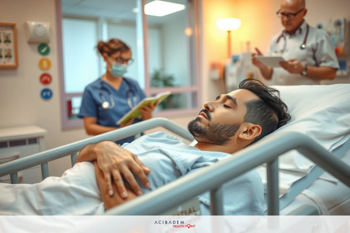 The image shows a hospital setting. In the foreground, there is a man lying on a stretcher bed. Two medical professionals are attending to him; one is reading from a chart, possibly recording or assessing information about the patient's condition, while the other stands nearby observing or assisting. The environment suggests a clean, clinical atmosphere typical of a hospital ward.