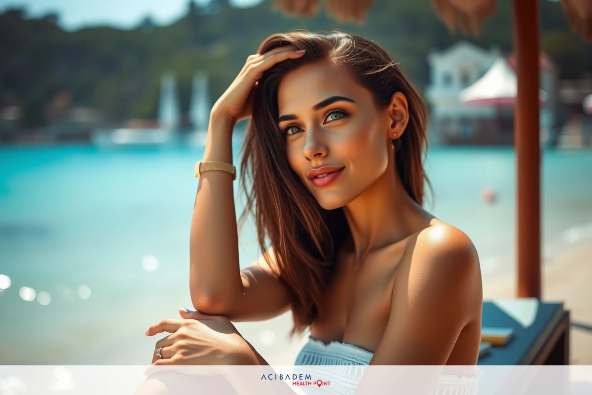 A beautiful young woman relaxing on a beach, wearing a white top with her hand resting on her head. The image captures a tranquil and picturesque beach scene with clear blue waters, sandy shores, and a resort-like environment.