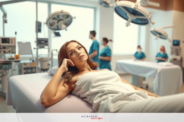 Image of a hospital operating room, featuring medical personnel and equipment. The central focus is a woman lying on an operating table in a white gown, looking towards the camera.
