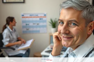 A man and a woman in an office setting. The man is smiling at the camera, wearing a white shirt and has his hand on his chin. He appears to be engaged in a conversation with the woman who is sitting behind a desk with paperwork and a computer screen in front of her.