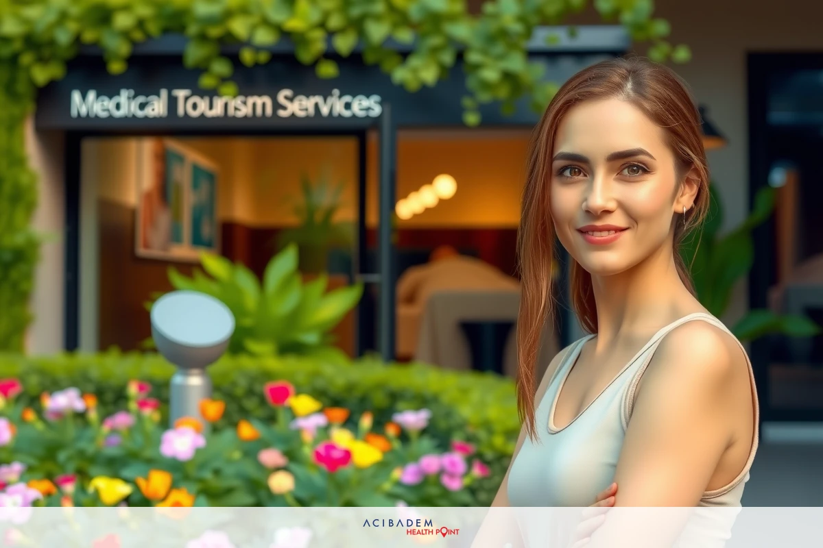 The image shows a woman standing in front of a building with the sign 'MEDICAL TOURISM SERVICES' above the entrance. She is smiling and has her hands clasped together. The environment includes a well-kept garden with flowers. The colors are bright, creating a welcoming atmosphere.
